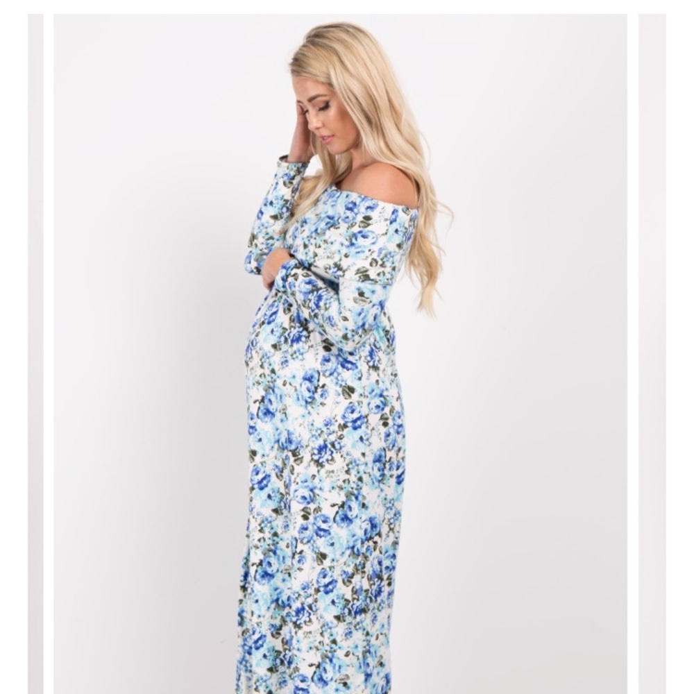 Blue Floral Off Shoulder Maternity Maxi Dress